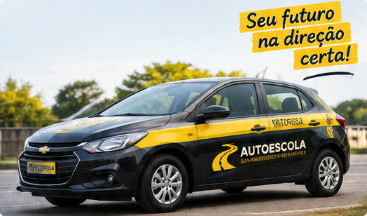 Carro da autoescola com a frase: Seu futuro na direção certa!
