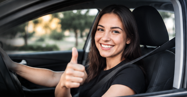 Aluna sorridente fazendo sinal de positivo ao volante